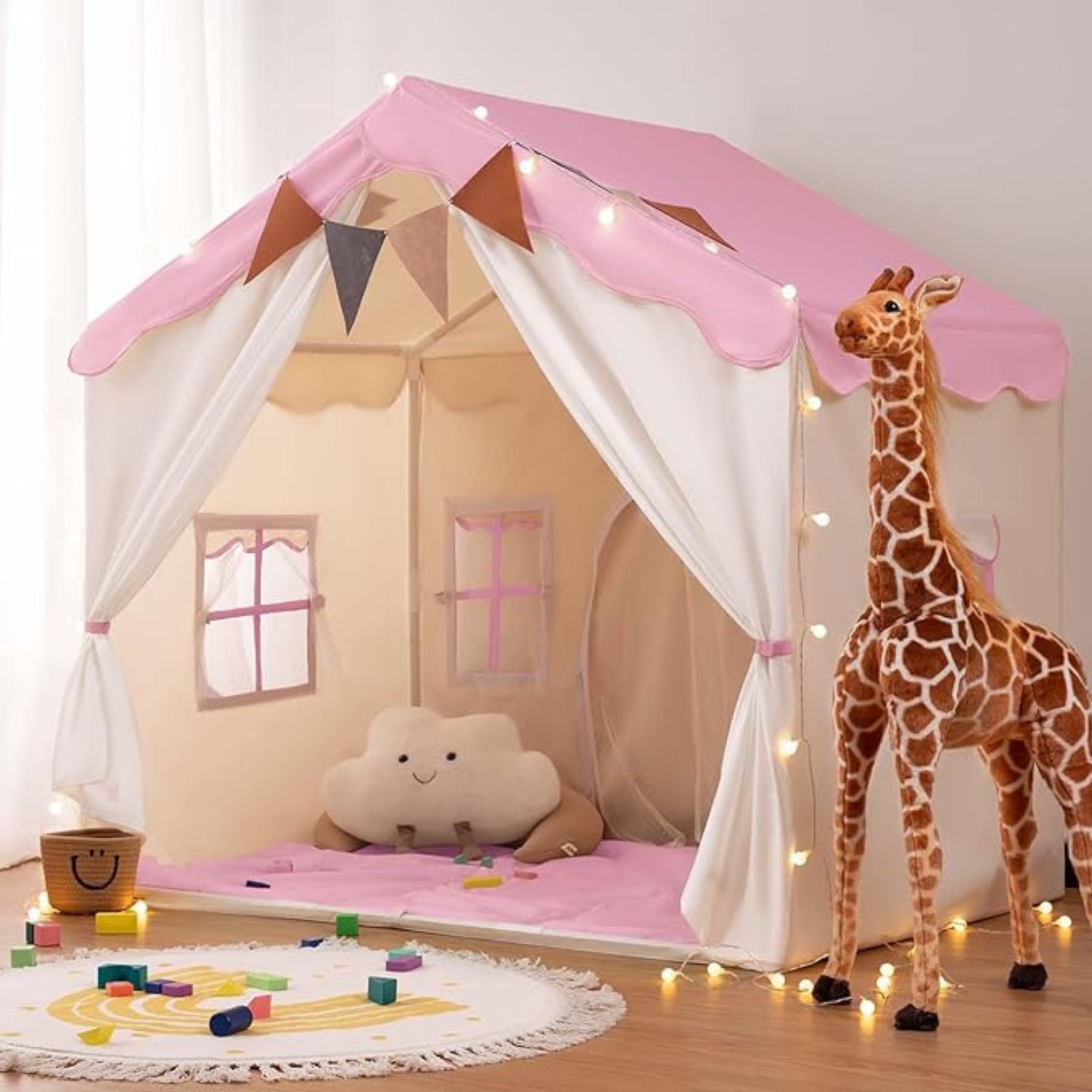 Carpa para niños con alfombra acolchada, banderines y guirnalda 89D x 130W x 130H