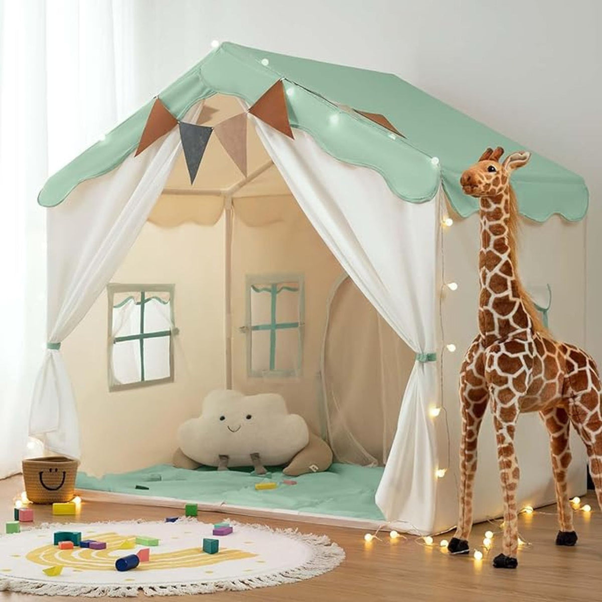 Carpa para niños con alfombra acolchada, banderines y guirnalda 89D x 130W x 130H